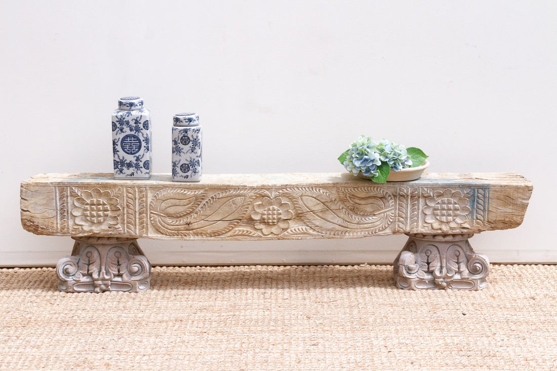 75" Long Statement Floral Teak Beam Bench