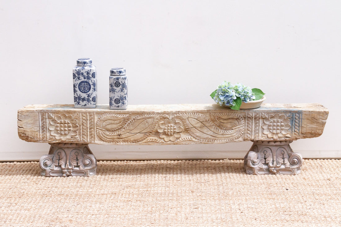75" Long Statement Floral Teak Beam Bench