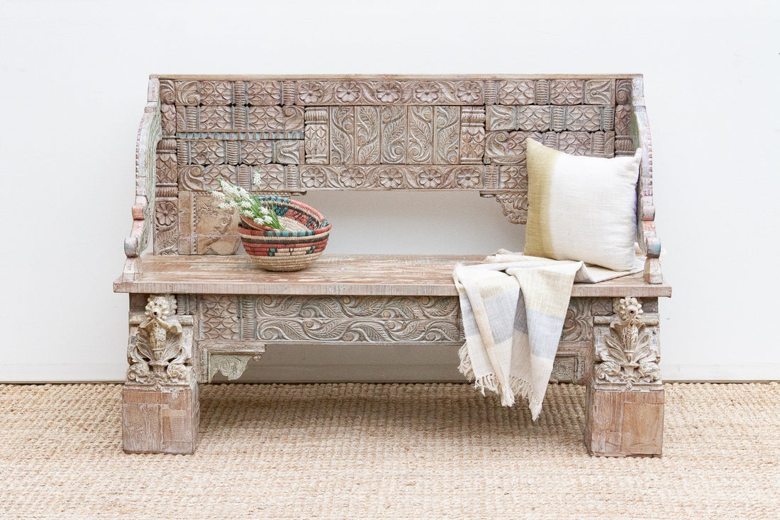 Exquiste Hand-Carved Teak Tribal Settee Bench