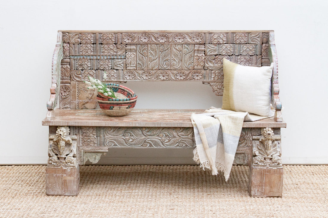 Exquiste Hand-Carved Teak Tribal Settee Bench