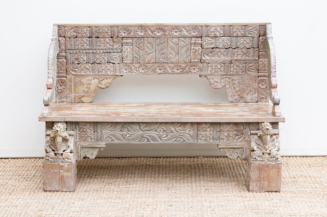 Exquiste Hand-Carved Teak Tribal Settee Bench