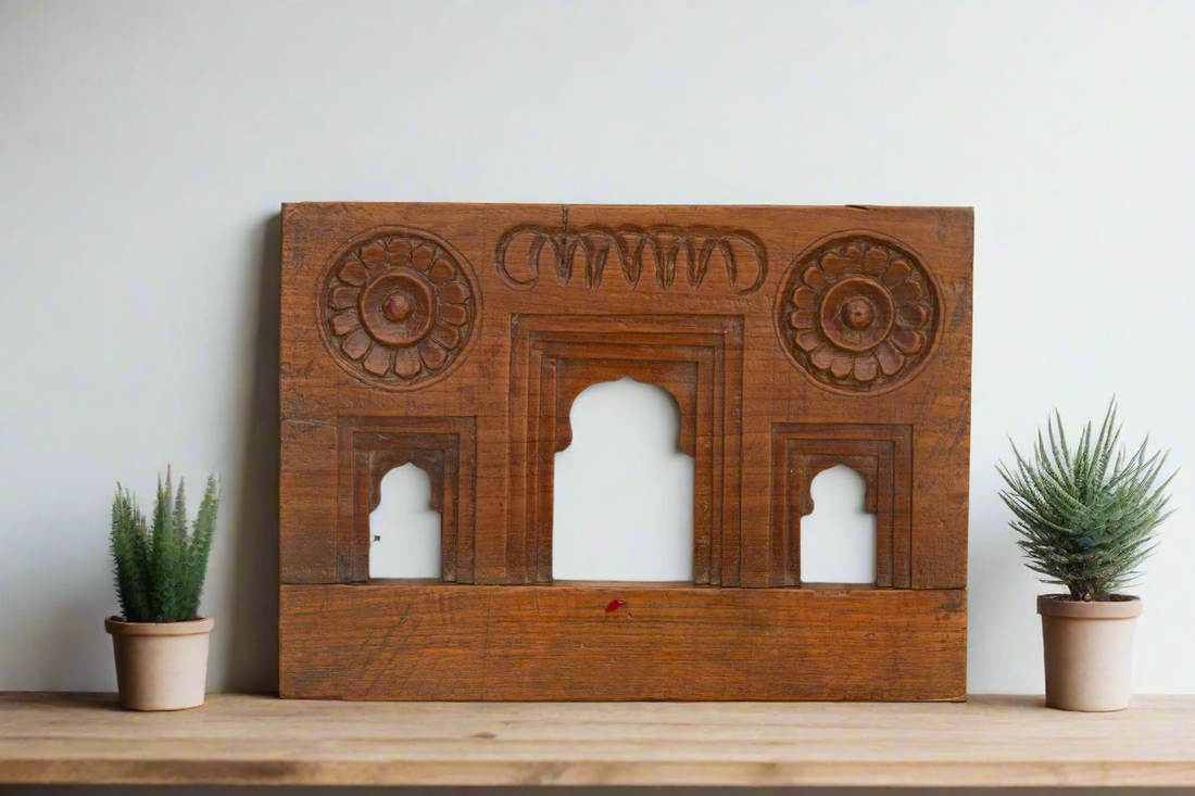 Teak Triple Arched Carved Niche