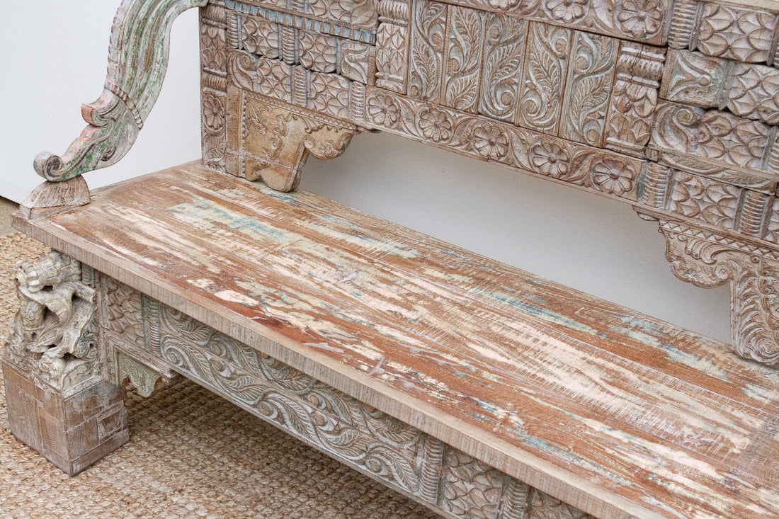 Exquiste Hand-Carved Teak Tribal Settee Bench