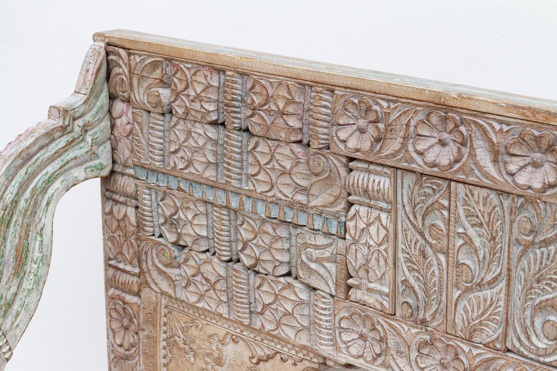 Exquiste Hand-Carved Teak Tribal Settee Bench