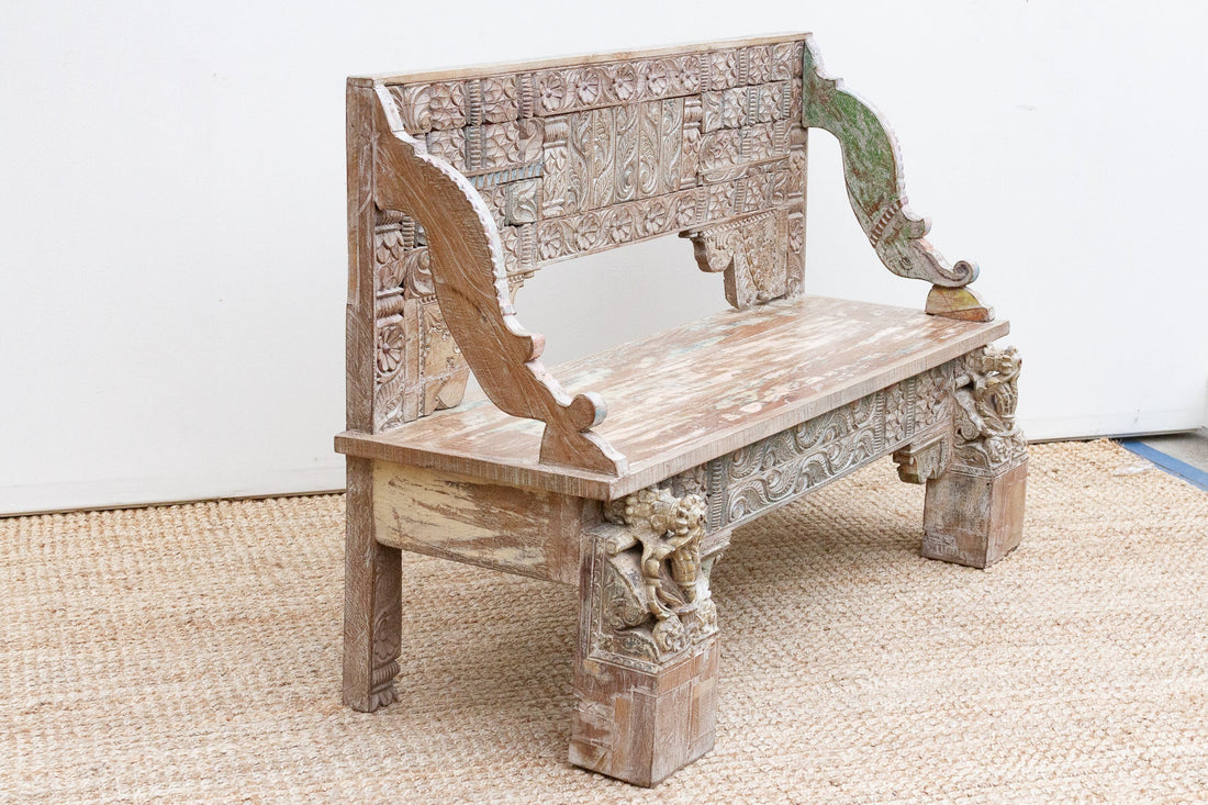 Exquiste Hand-Carved Teak Tribal Settee Bench