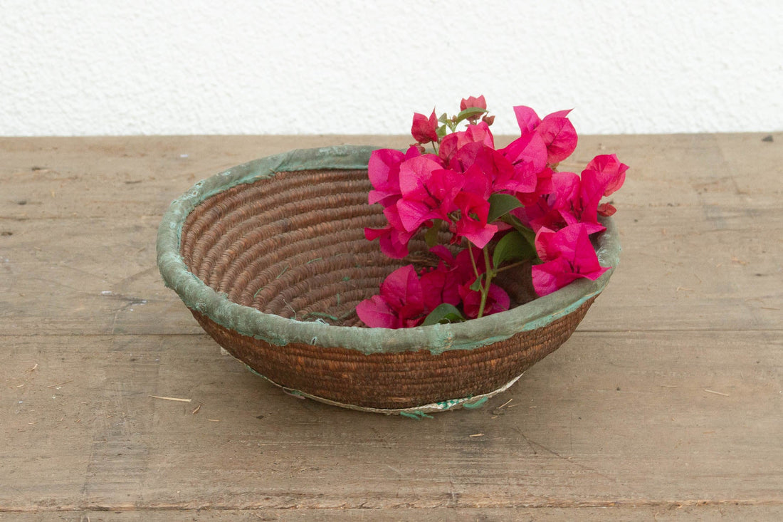 Rustic Coiled Basket with Textile Rim
