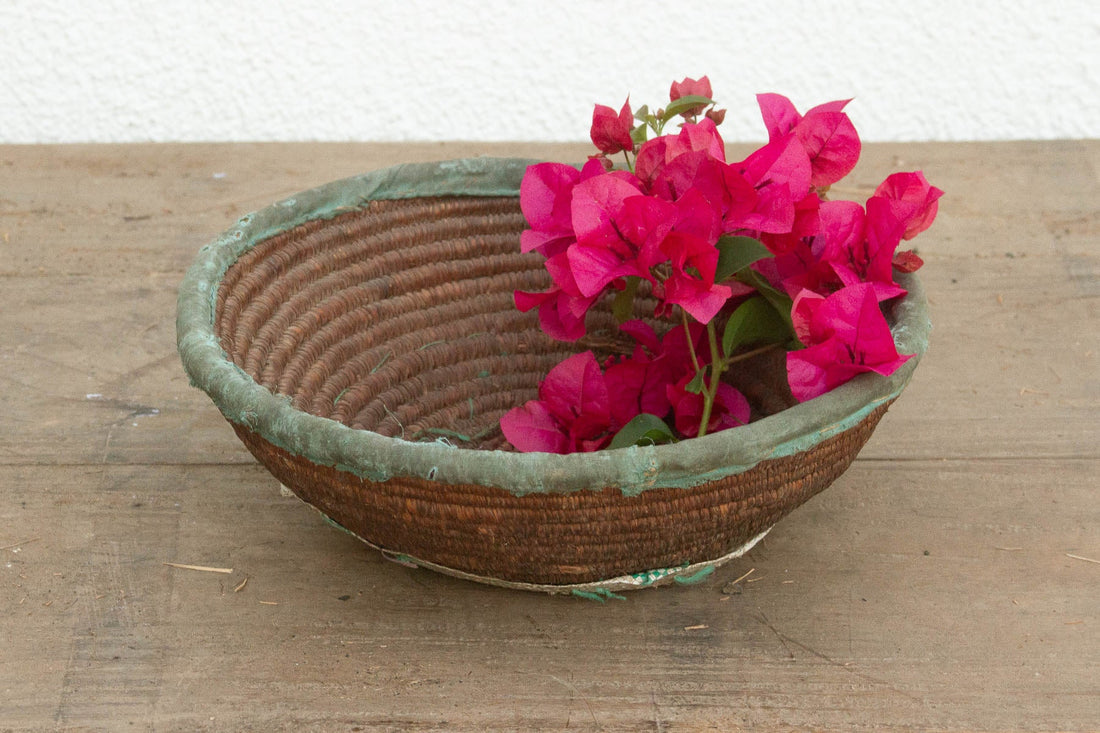 Rustic Coiled Basket with Textile Rim