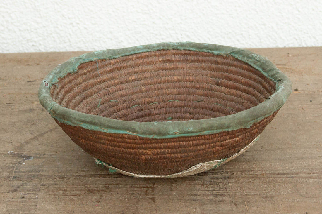 Rustic Coiled Basket with Textile Rim