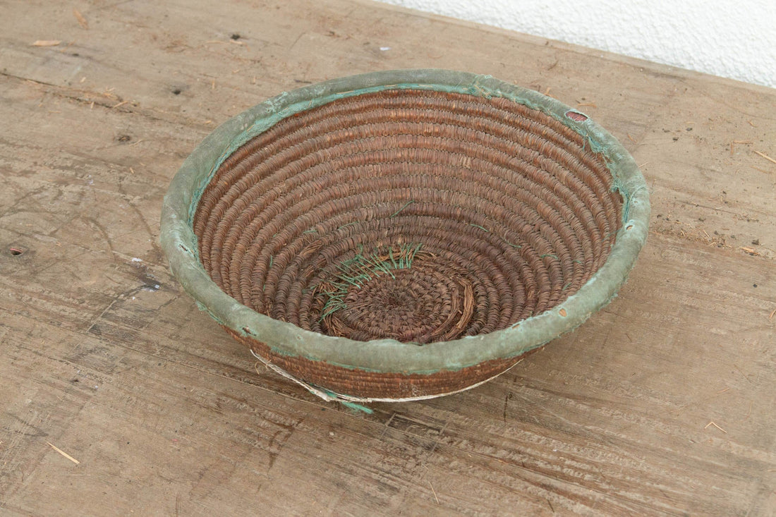 Rustic Coiled Basket with Textile Rim