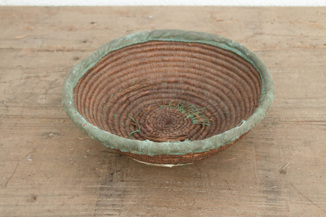 Rustic Coiled Basket with Textile Rim