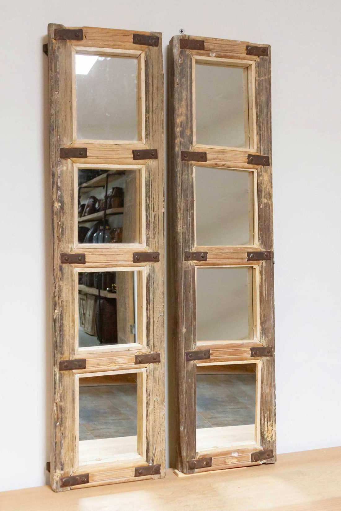 Pair of Antique Farmhouse Teak Door Mirrors