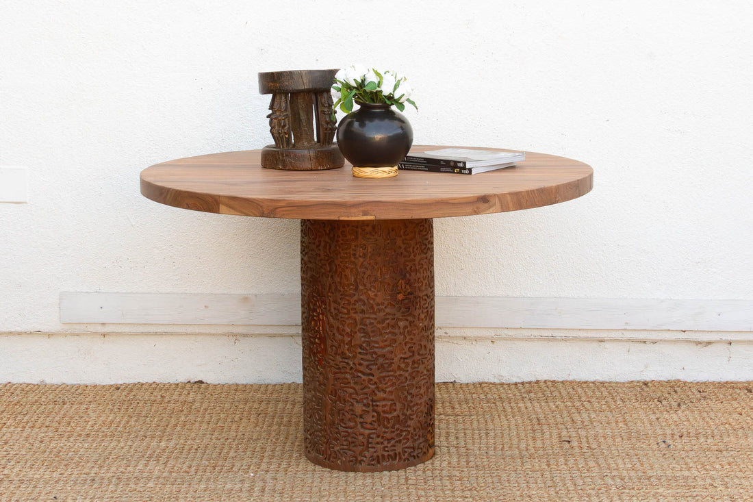Finely Carved Reclaimed Teak Round Pedestal Dining Table
