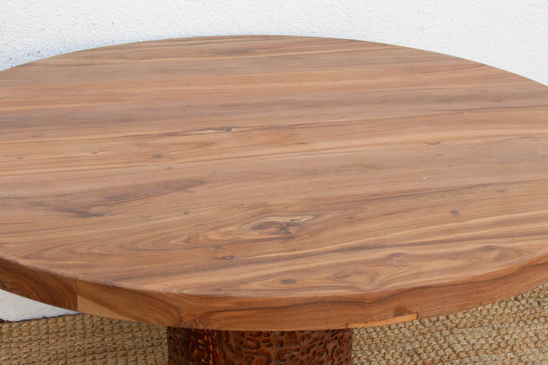 Finely Carved Reclaimed Teak Round Pedestal Dining Table