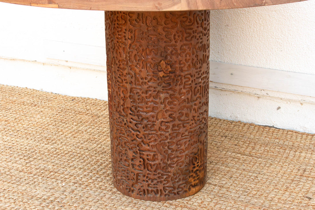 Finely Carved Reclaimed Teak Round Pedestal Dining Table