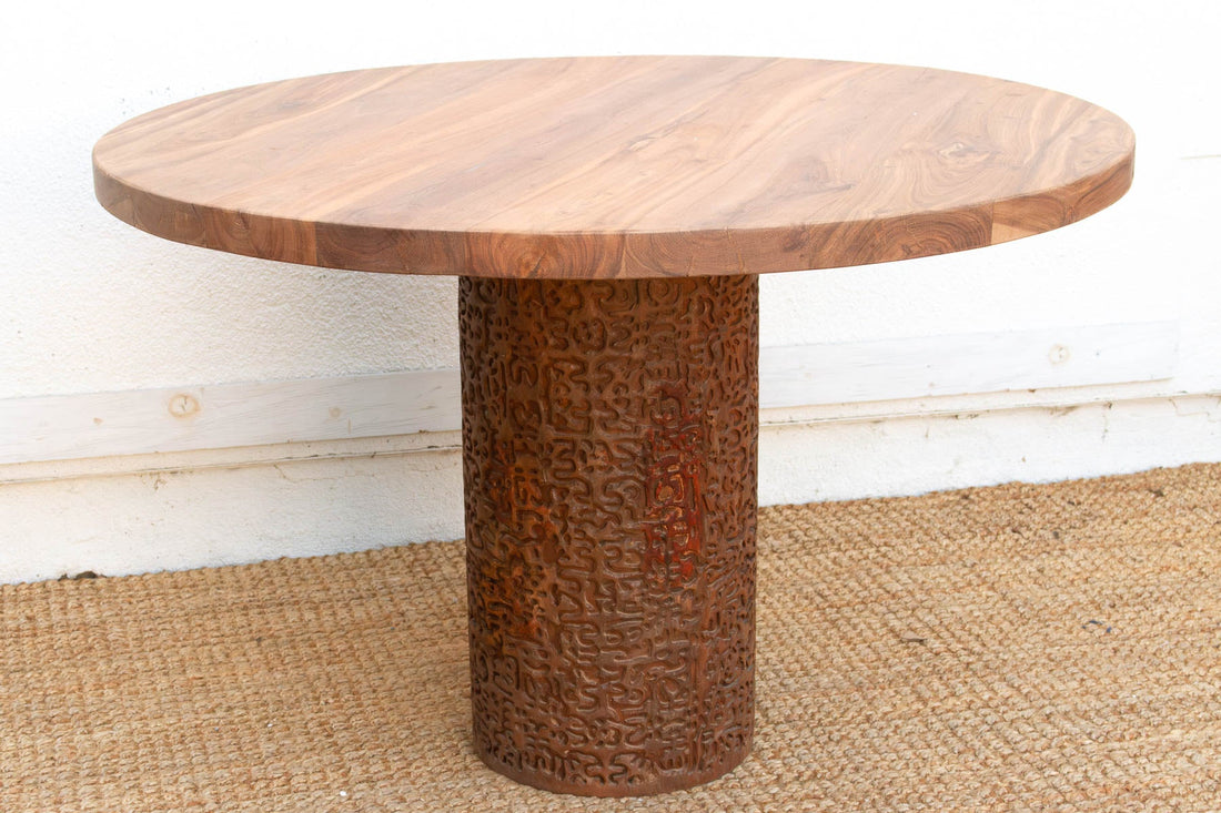Finely Carved Reclaimed Teak Round Pedestal Dining Table