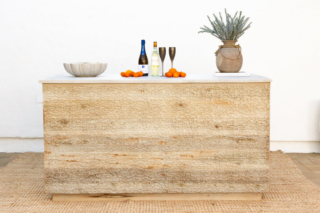 Custom Beautifully Carved Teak Counter Bar with Marble Top
