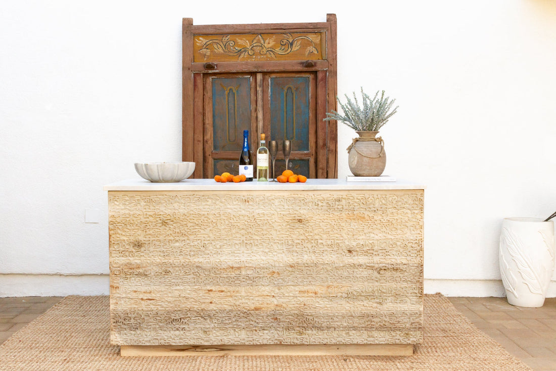Custom Beautifully Carved Teak Counter Bar with Marble Top