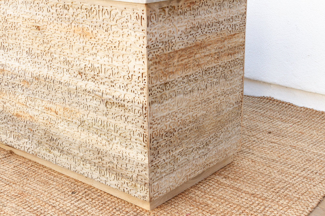 Custom Beautifully Carved Teak Counter Bar with Marble Top