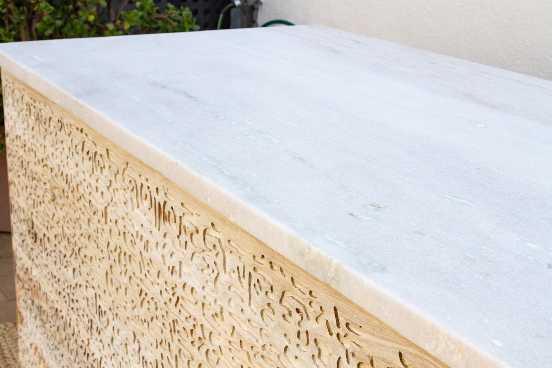 Custom Beautifully Carved Teak Counter Bar with Marble Top