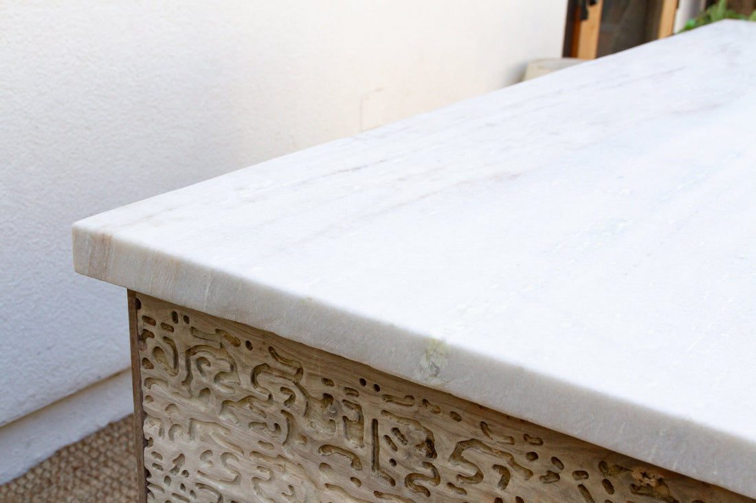 Custom Beautifully Carved Teak Counter Bar with Marble Top