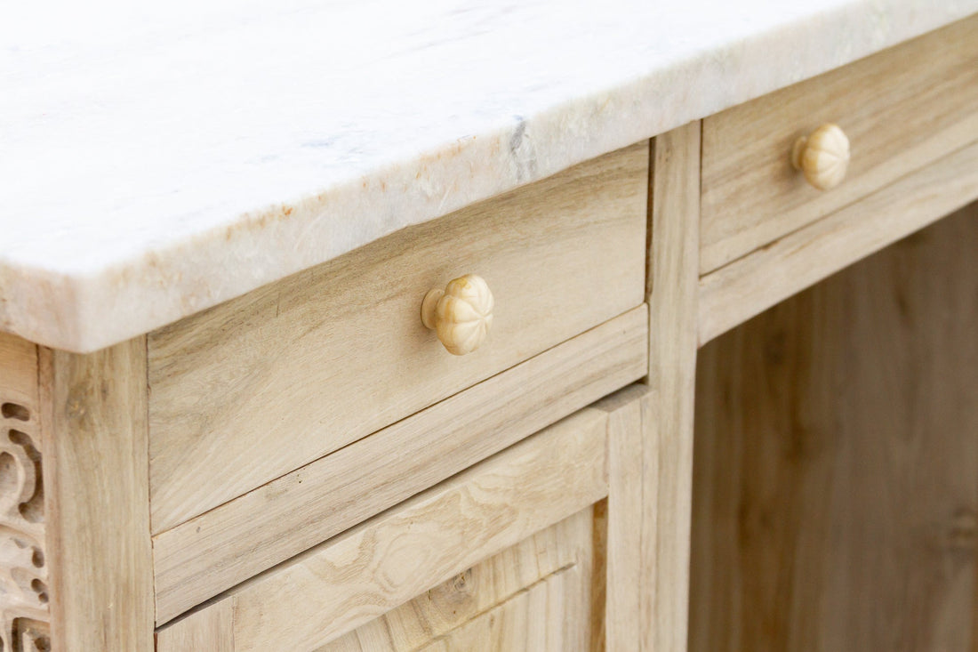 Custom Beautifully Carved Teak Counter Bar with Marble Top
