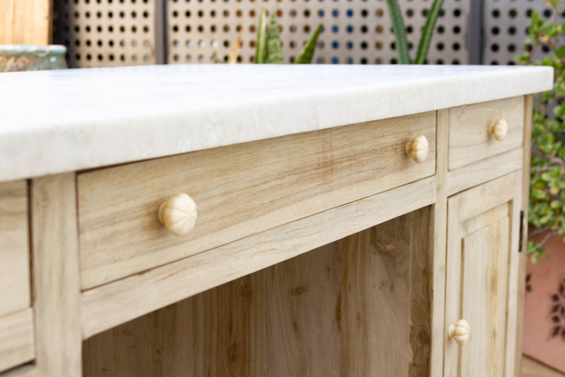Custom Beautifully Carved Teak Counter Bar with Marble Top