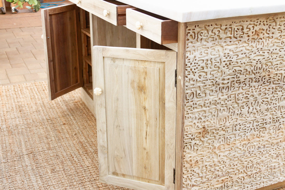 Custom Beautifully Carved Teak Counter Bar with Marble Top