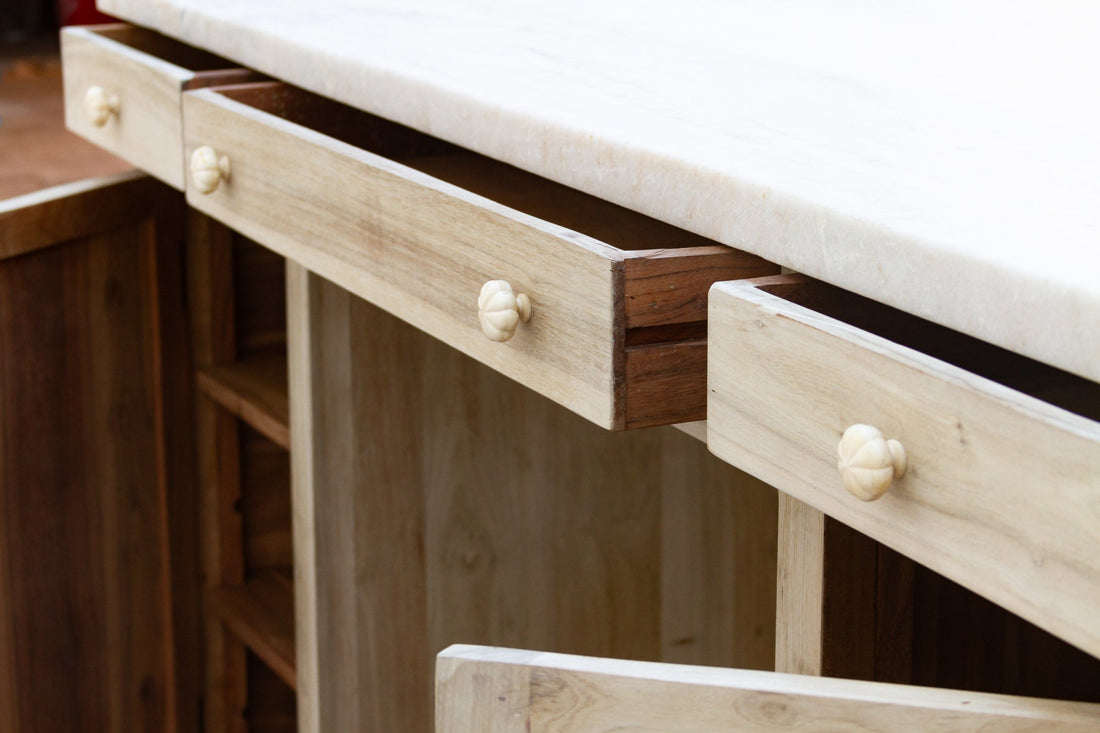 Custom Beautifully Carved Teak Counter Bar with Marble Top