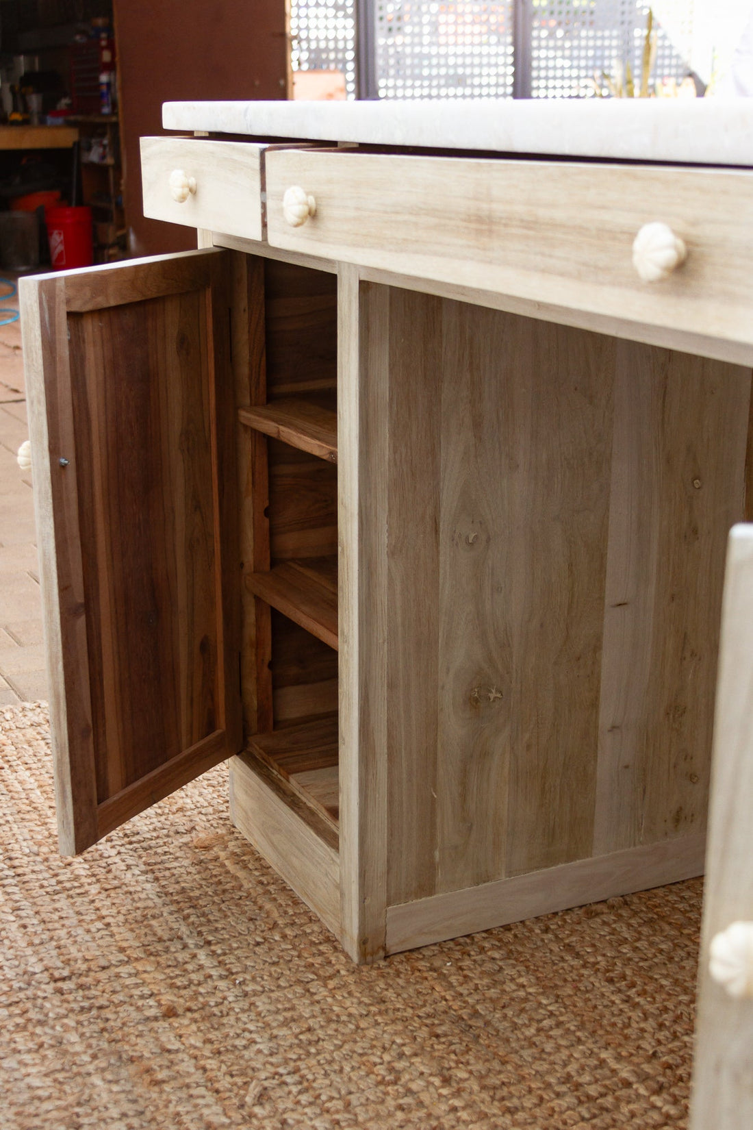 Custom Beautifully Carved Teak Counter Bar with Marble Top