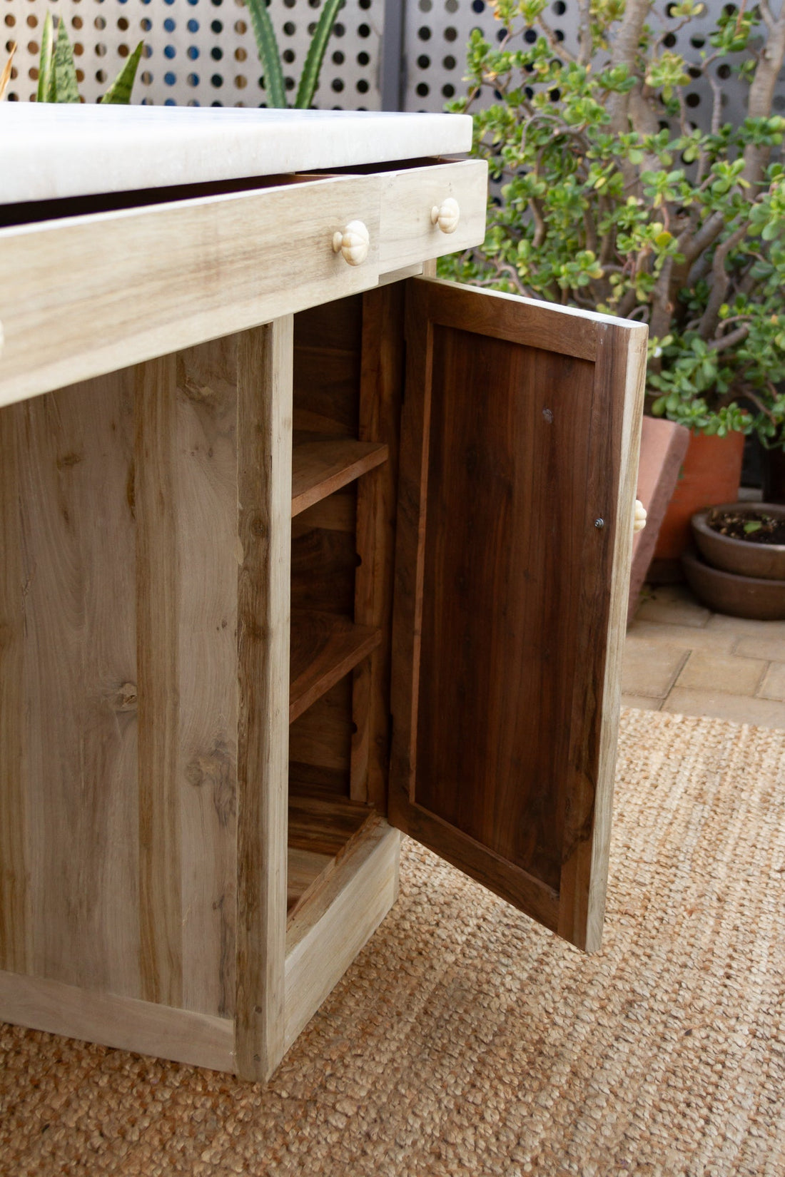 Custom Beautifully Carved Teak Counter Bar with Marble Top