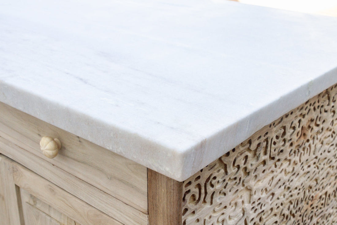 Custom Beautifully Carved Teak Counter Bar with Marble Top