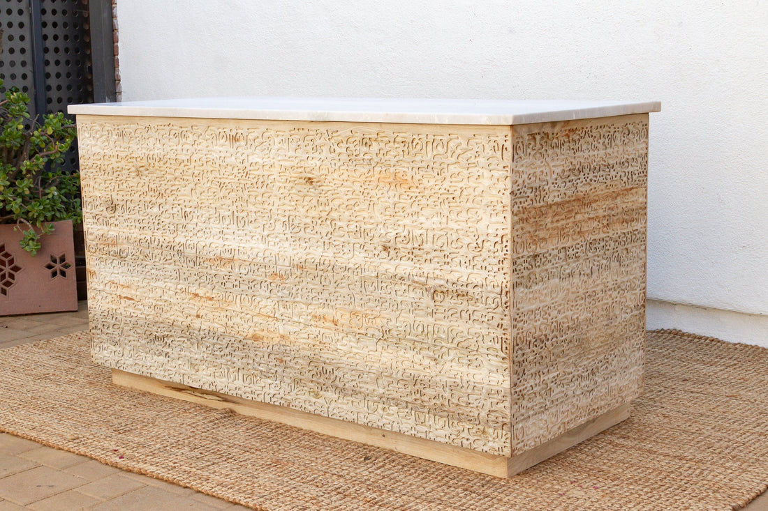 Custom Beautifully Carved Teak Counter Bar with Marble Top
