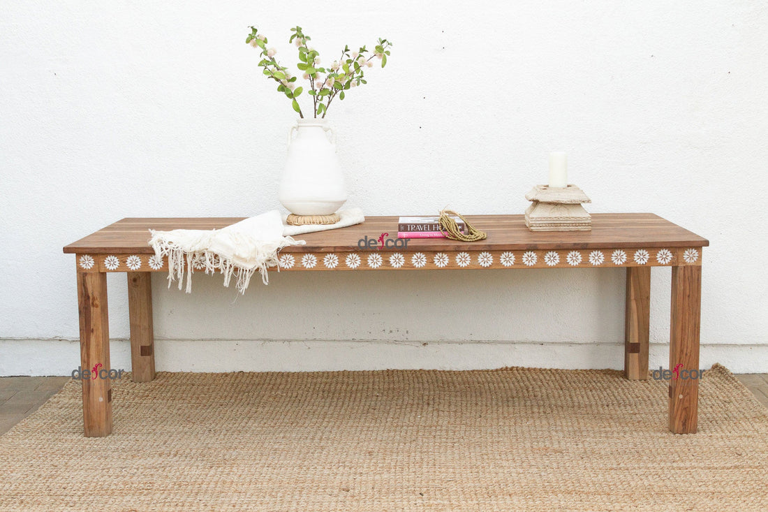 Mother of Pearl Inlaid Reclaimed Teak Dining Table