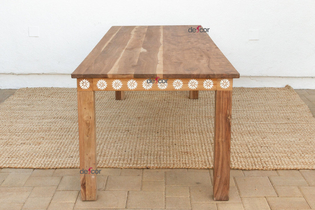 Mother of Pearl Inlaid Reclaimed Teak Dining Table