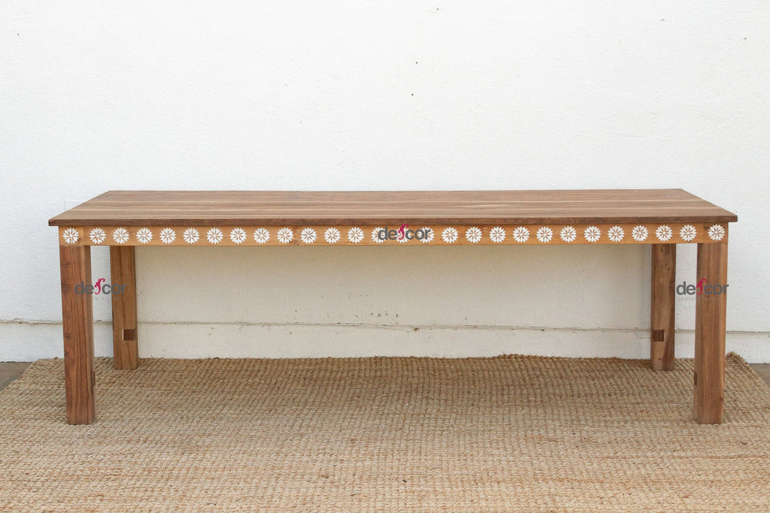 Mother of Pearl Inlaid Reclaimed Teak Dining Table