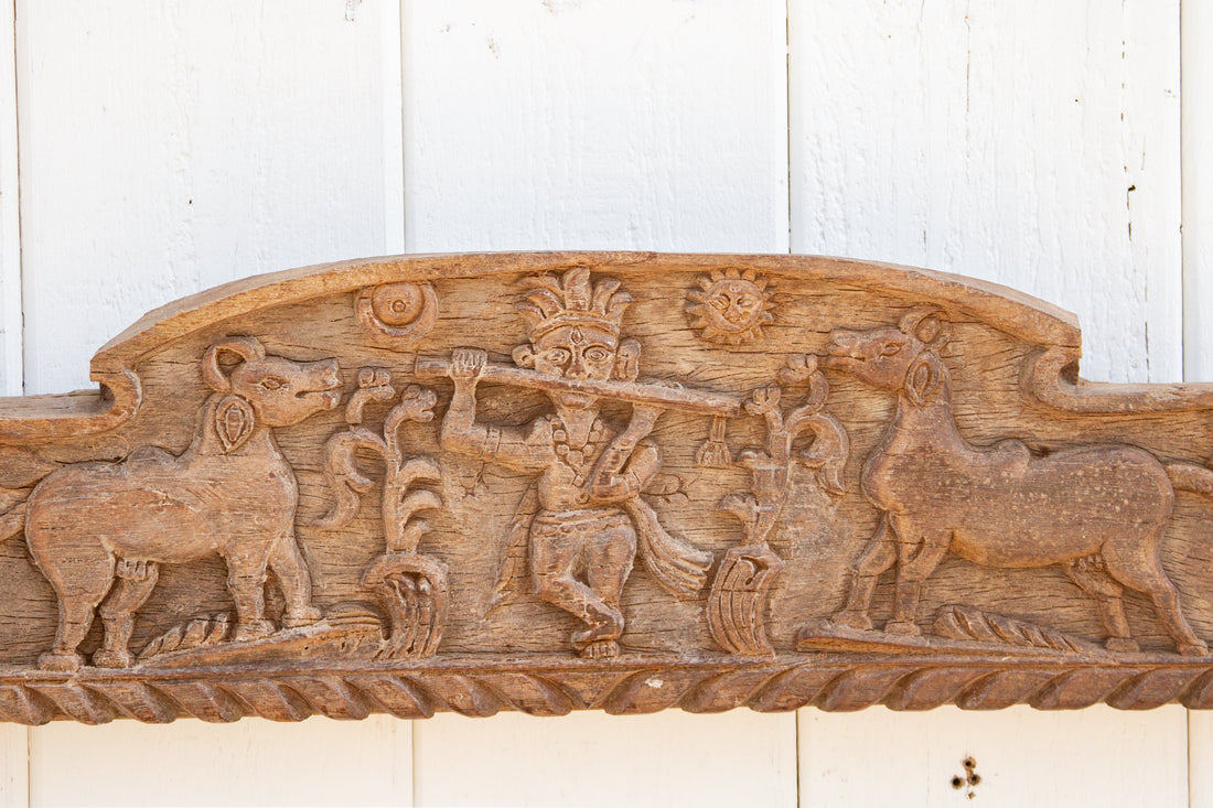 Antique Krishna Teak Architectural Panel