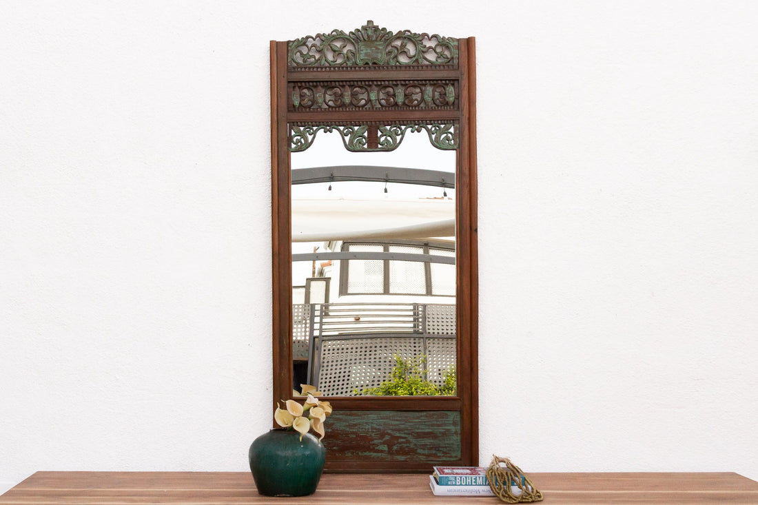 Antique Architectural Teak Carved & Painted Mirror