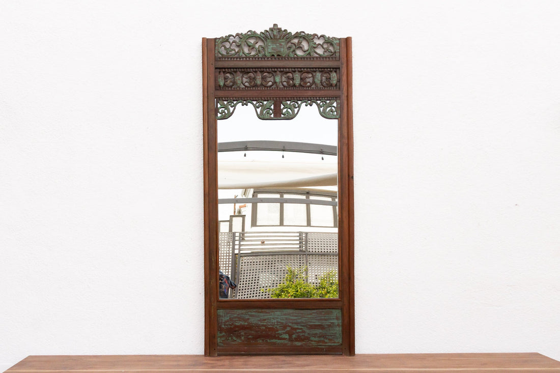 Antique Architectural Teak Carved & Painted Mirror