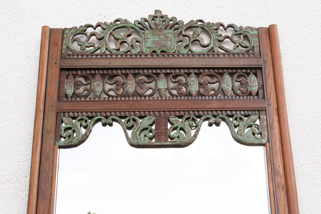 Antique Architectural Teak Carved & Painted Mirror