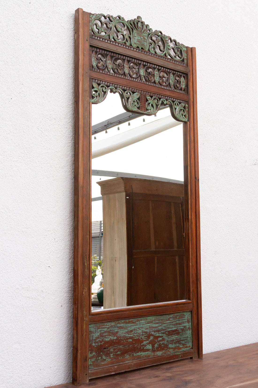 Antique Architectural Teak Carved & Painted Mirror