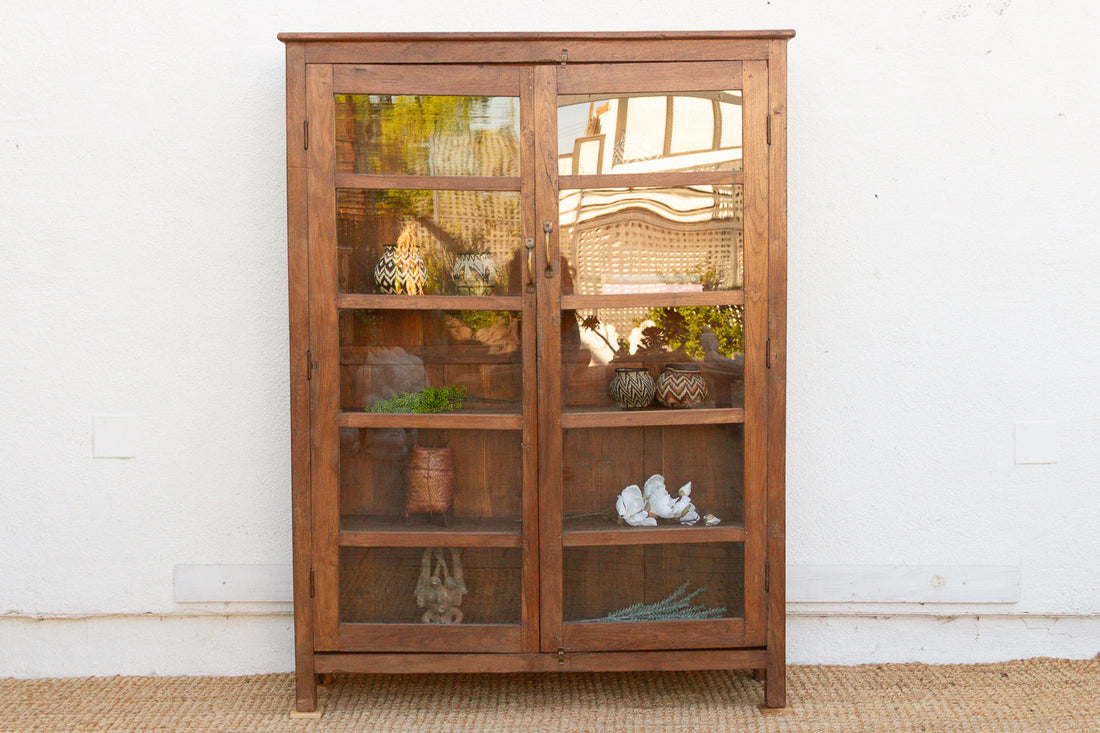 Antique Colonial Veranda Teak Glass Cabinet