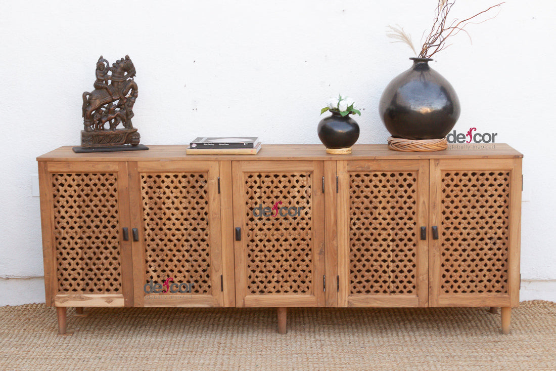 88" Long Old Teak Floral Jali Sideboard