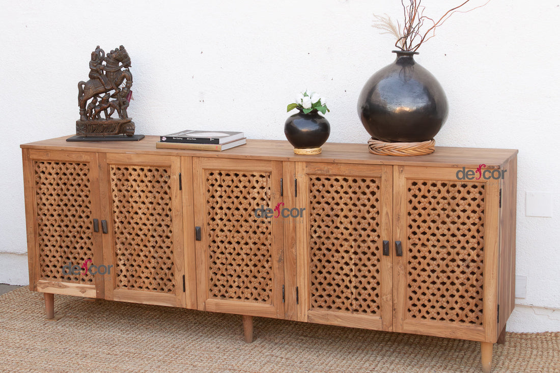 88" Long Old Teak Floral Jali Sideboard