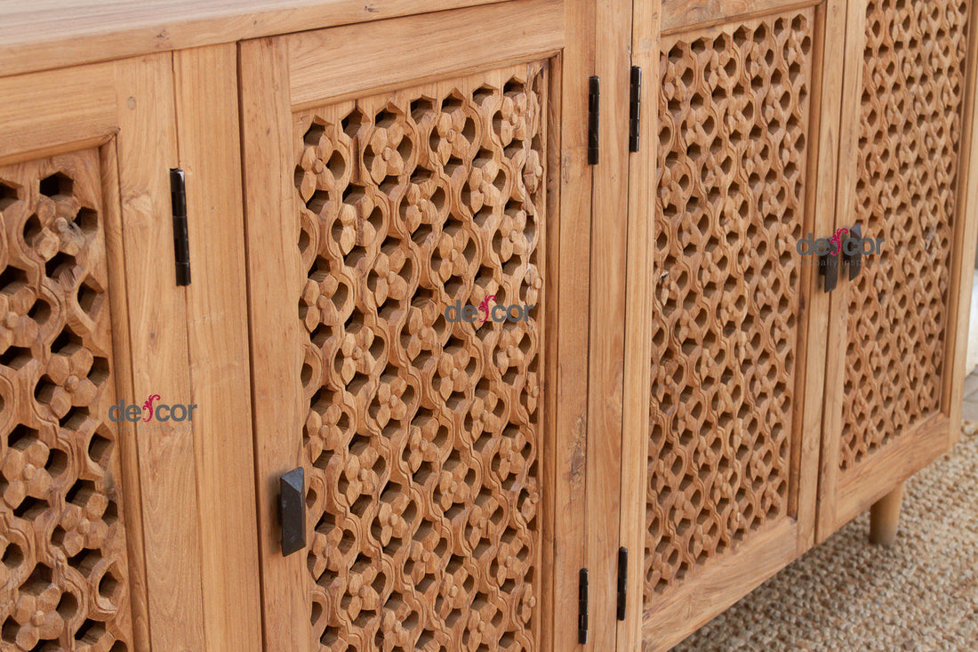 88" Long Old Teak Floral Jali Sideboard