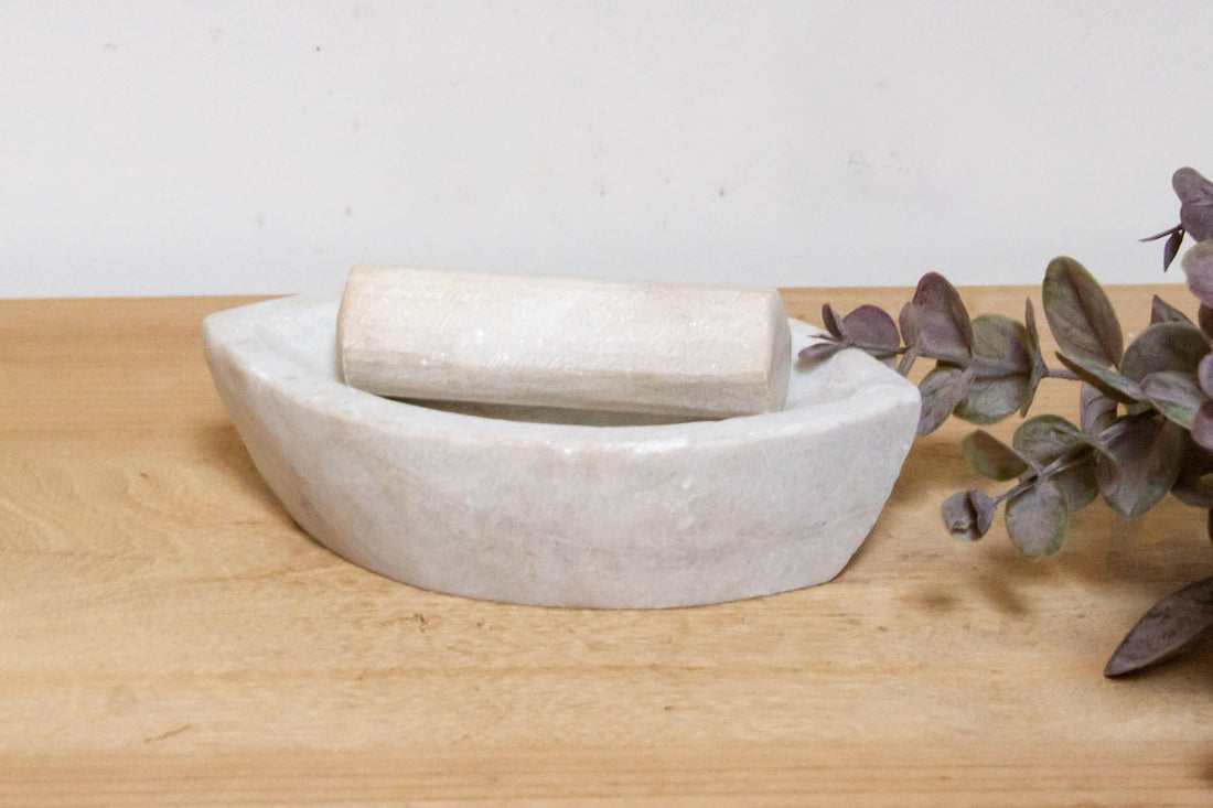 Polished White Marble Kitchen Mortar Plate