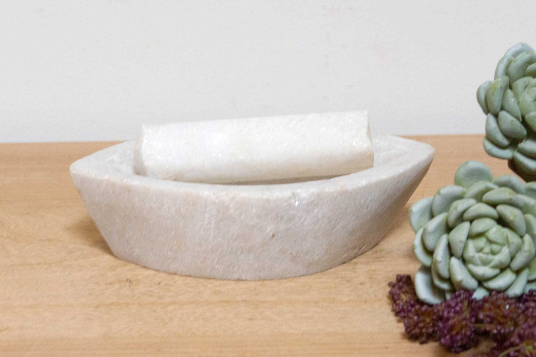 Aged White Marble Mortar & Pestle Grinder