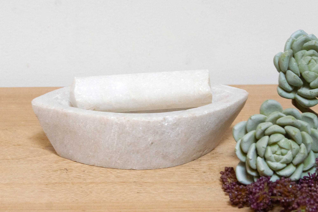 Aged White Marble Mortar & Pestle Grinder