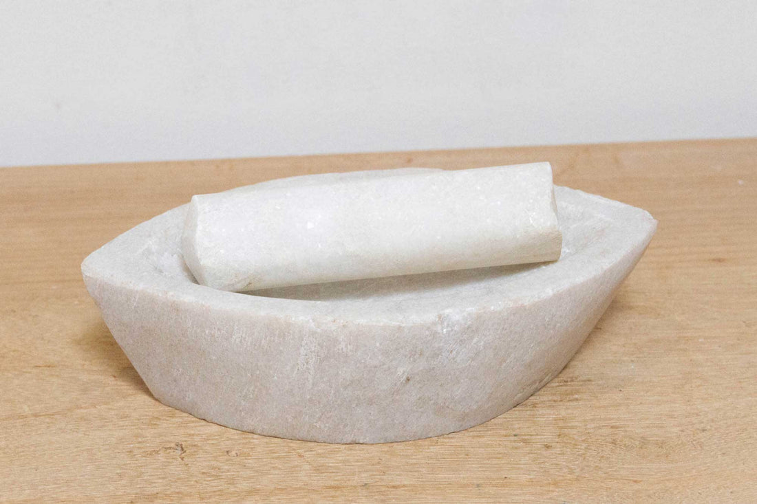 Aged White Marble Mortar & Pestle Grinder