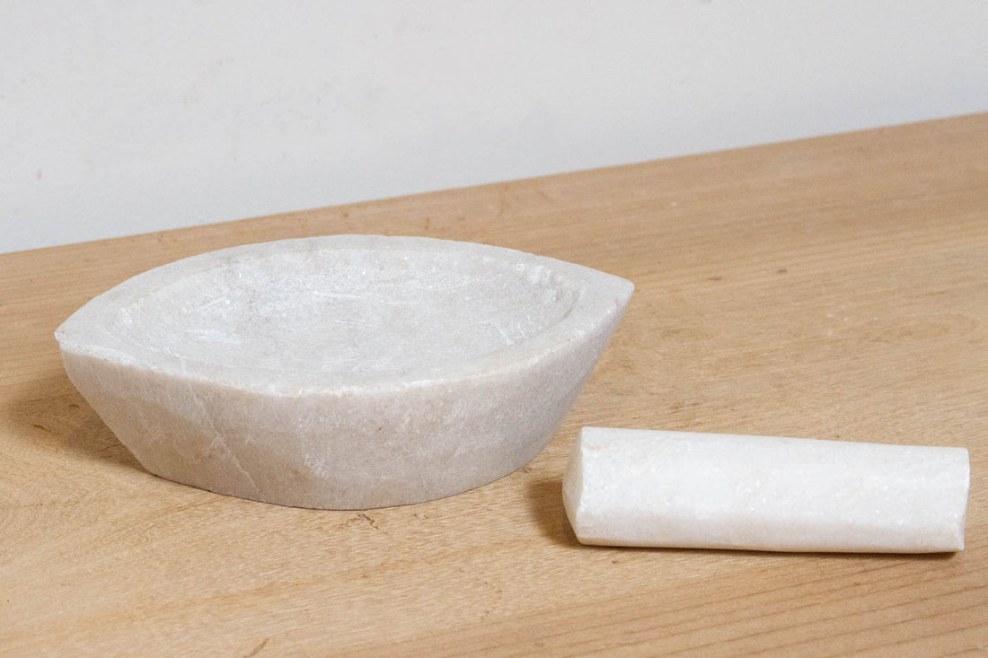 Aged White Marble Mortar & Pestle Grinder