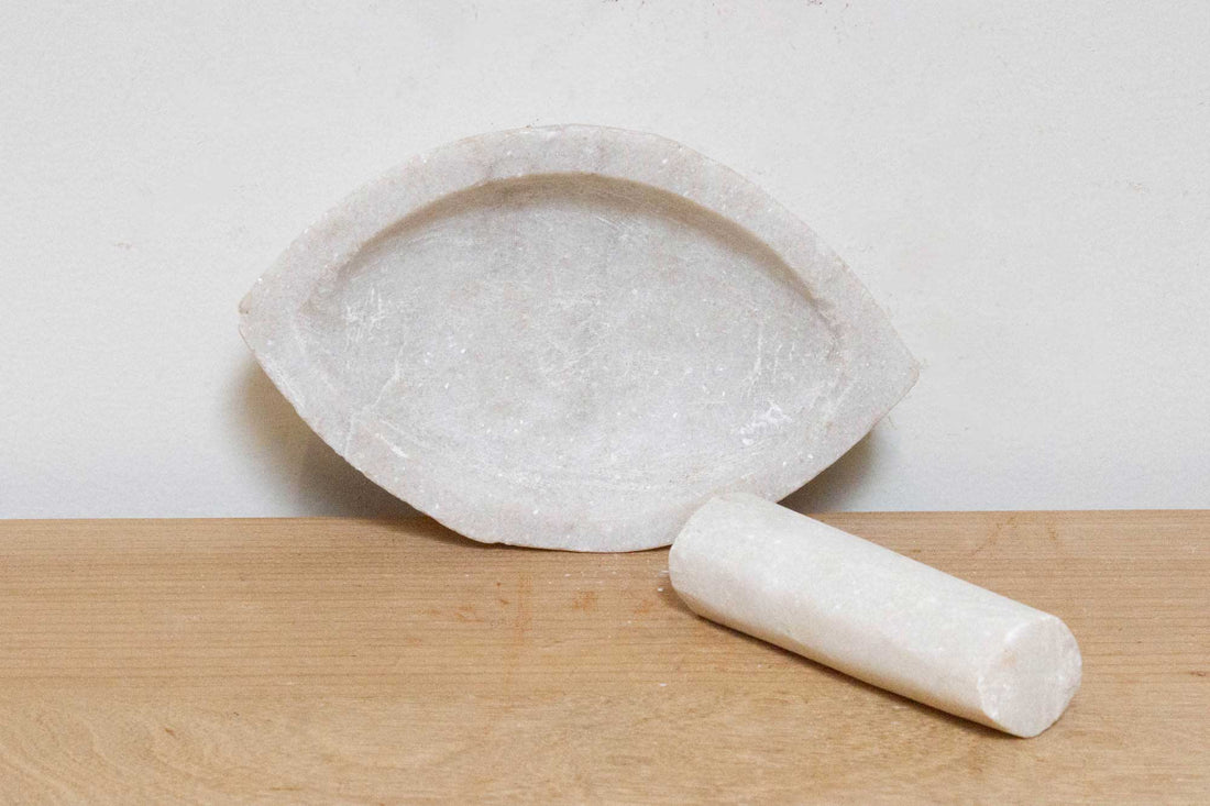 Aged White Marble Mortar & Pestle Grinder